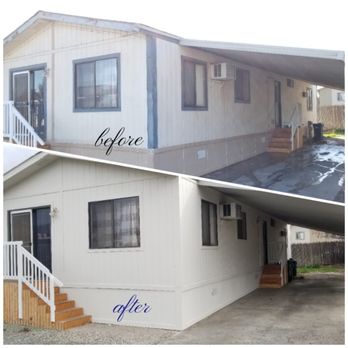 Two-story home exterior — before and after repaint