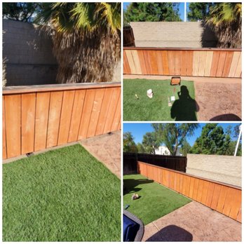 Wood fence stained and sealed in a backyard