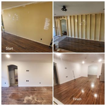 Interior remodel showing drywall replacement and refinished hardwood floors