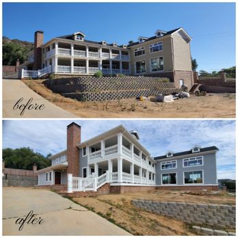 Before and after of a large luxury home exterior repainted by Bradley Painting Plus